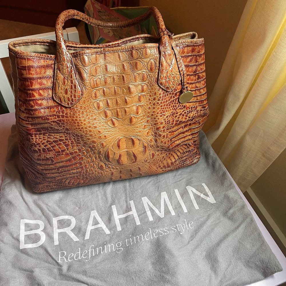 BRAHMIN Anytime Croc Embossed Tan Leather Tote